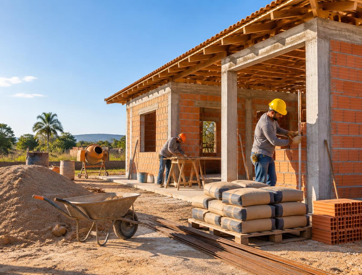 Obra residencial em andamento com materiais de construção